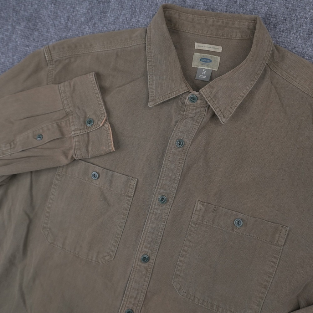 Old Navy Button Down Worker Utility Shirt Men XL Army Green Herringbone Long Slv